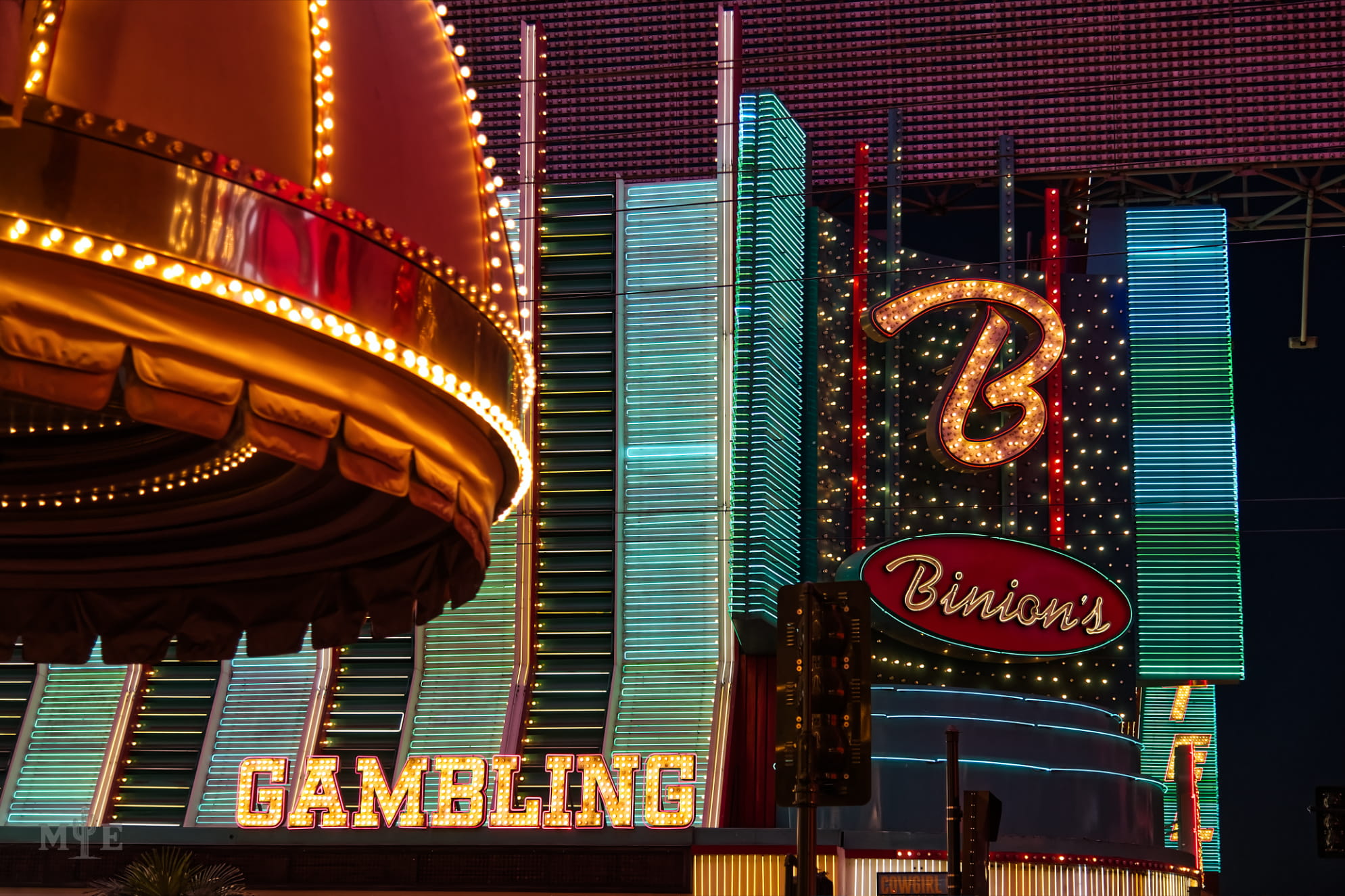 Binion’s casino sign at night in downtown Las Vegas