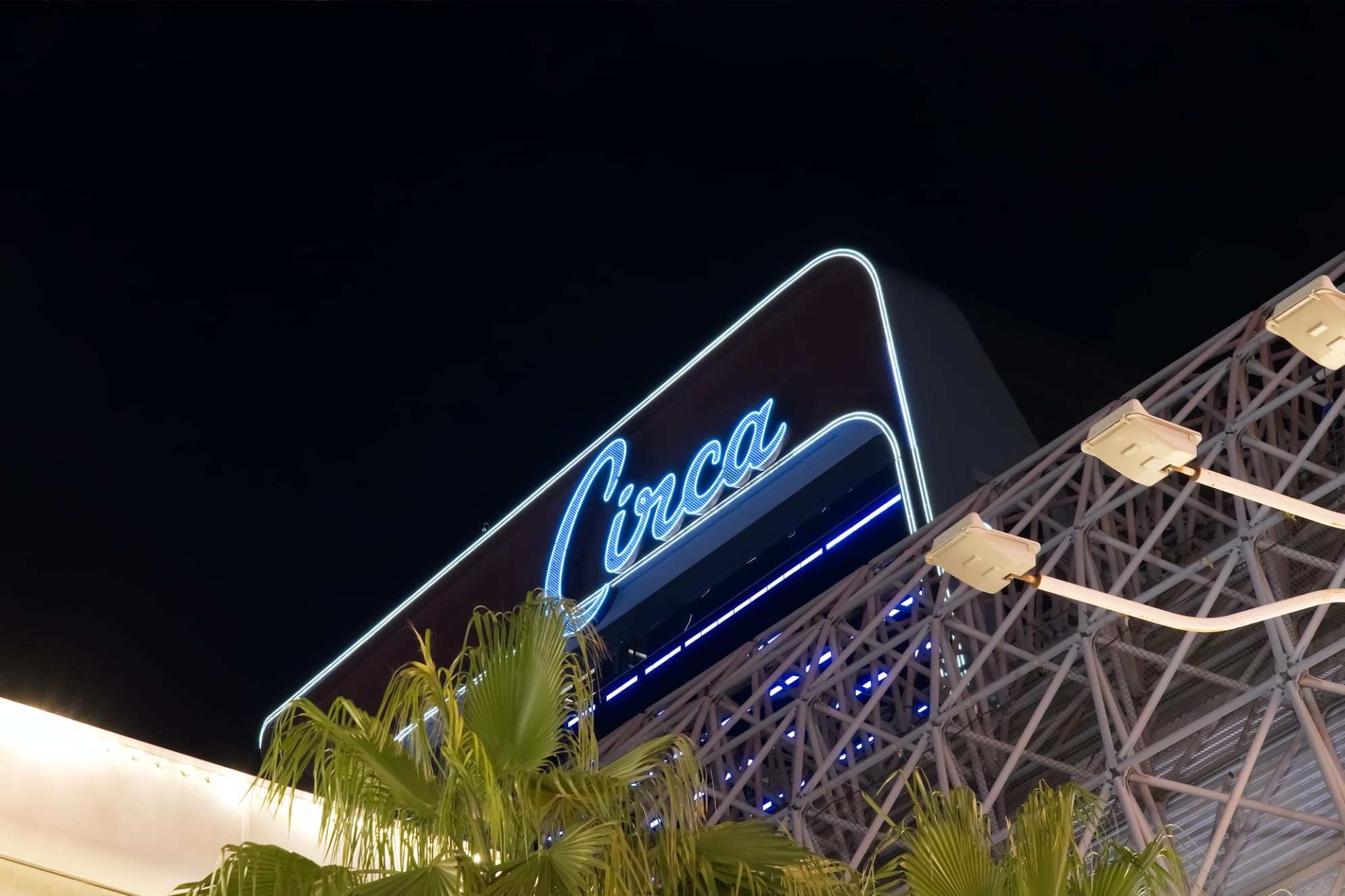 Circa hotel sign at night in downtown Las Vegas