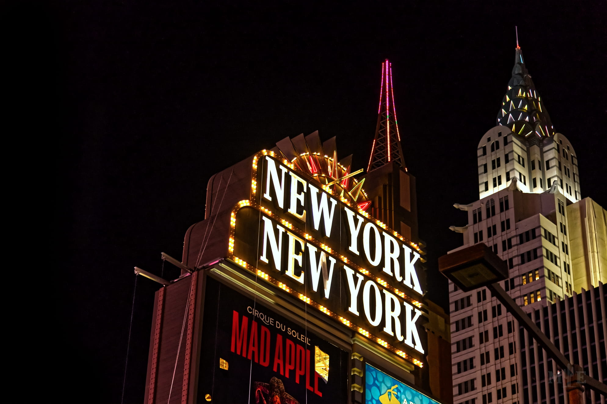 New York themed architecture at night in Las Vegas