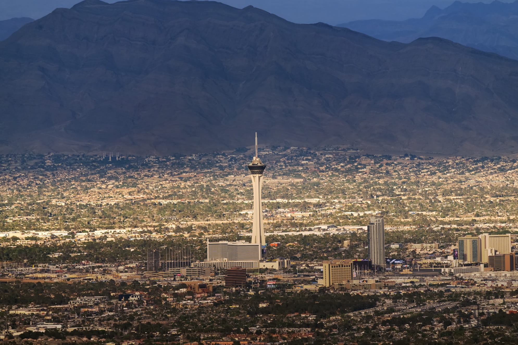 Massive mountain and dark blue sky behind the Stratosphere rising prominently from the metropolitan area. Detailed city life.