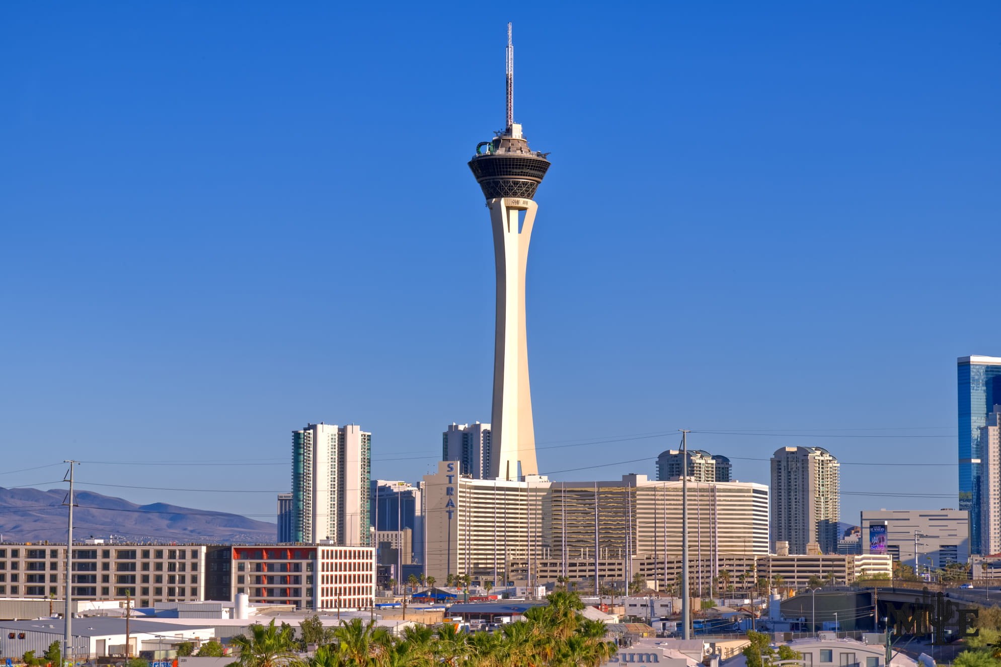 The STRAT tower rising above smaller surrounding buildings in a clear daytime view of the north Las Vegas Strip.