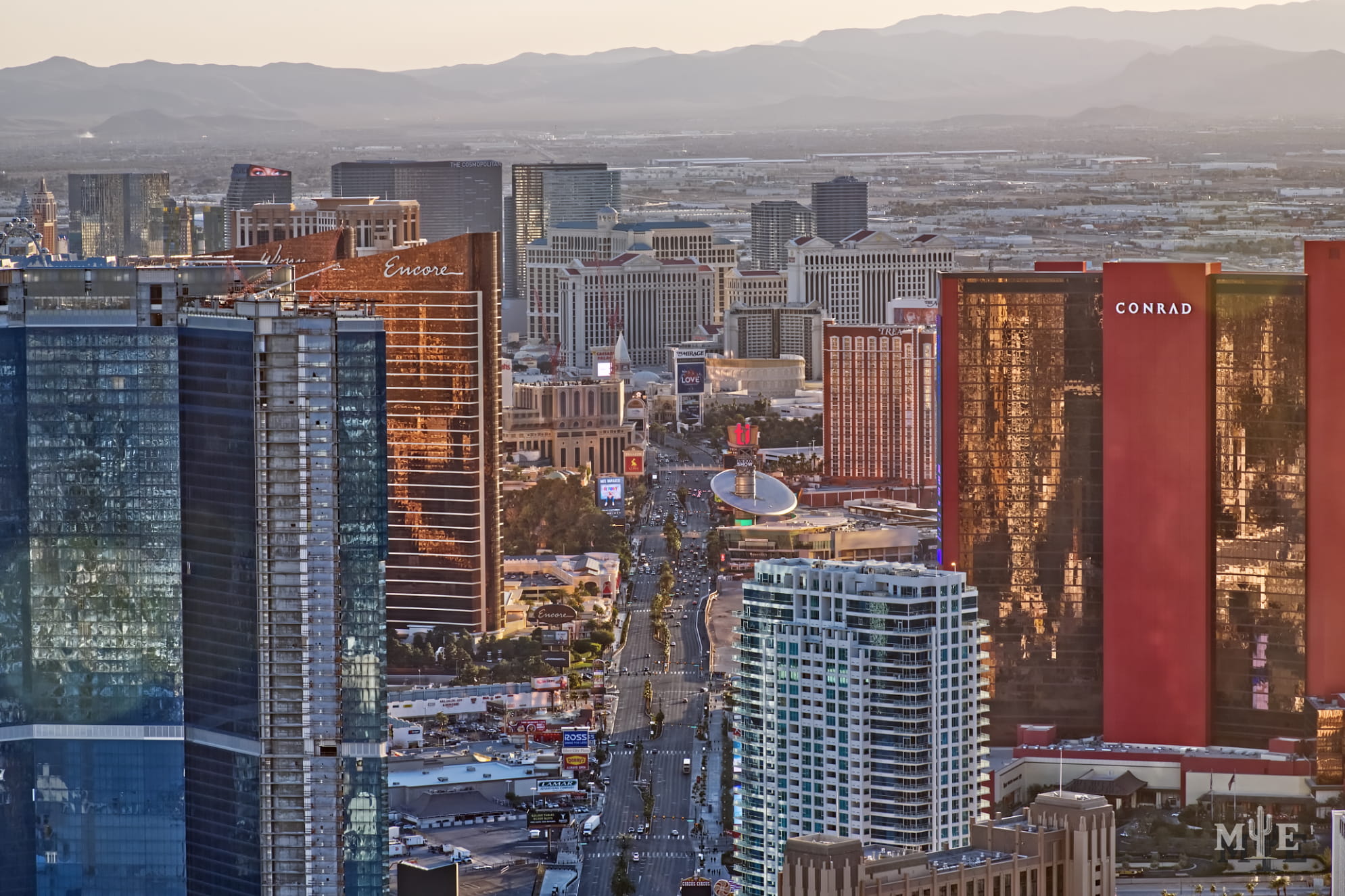 Detailed view of The Strip captured from Stratosphere top of the world. Las Vegas Blvd looking over iconic hotels.