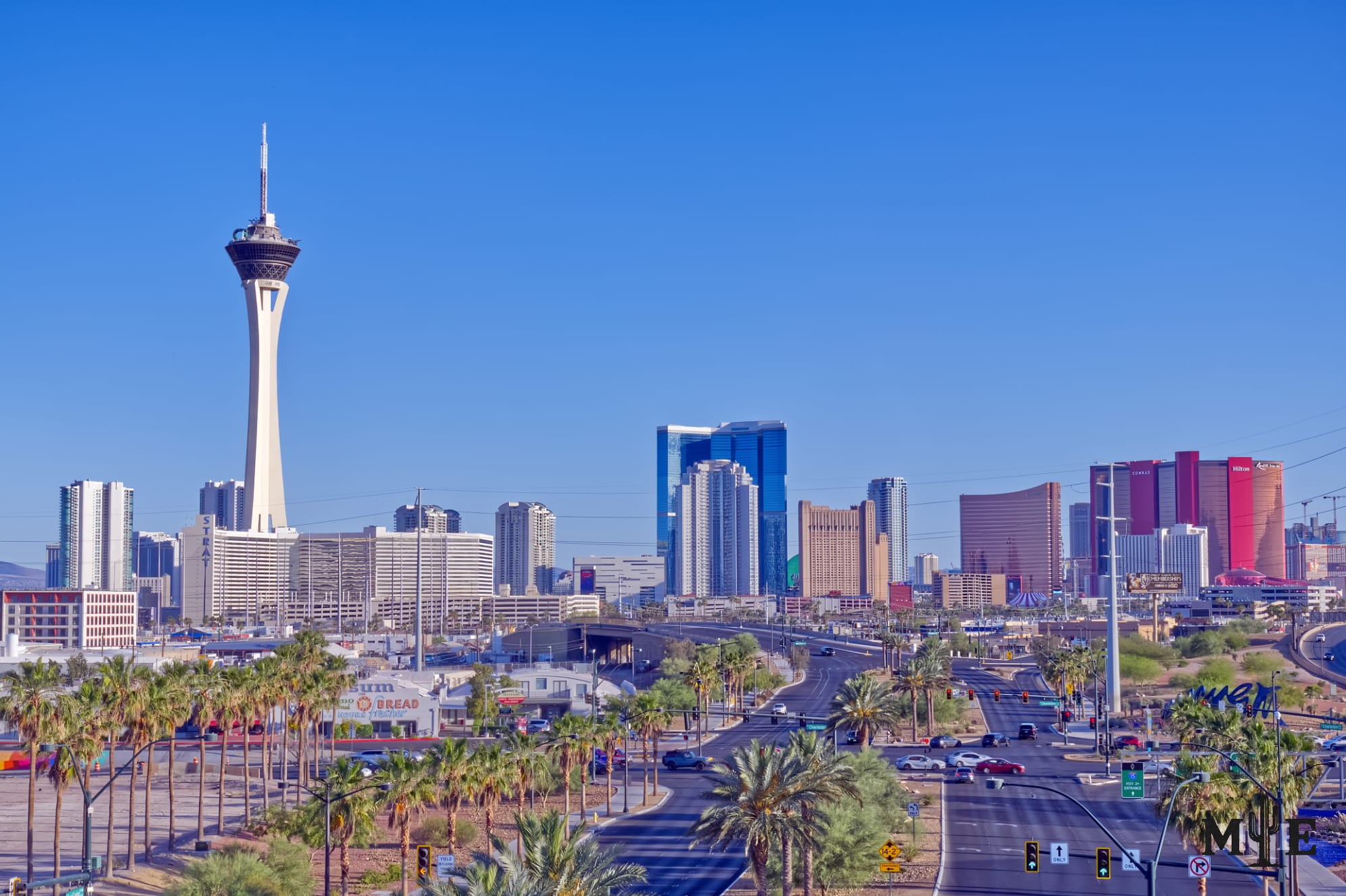 A number of prominent hotels on The Strip captured in daytime with scattered trees and misc businesses in the foreground.