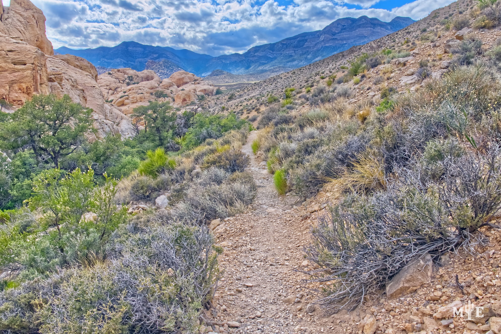 Mountainous hiking trail in Red Rock Canyon National Conservation Area with classic Nevada desert terrain.
