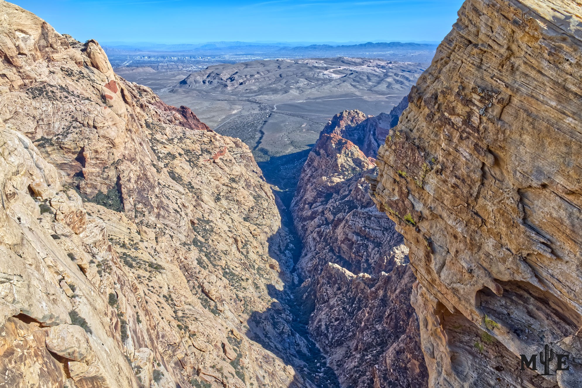 Extremely rugged overlook above a deep ravine in Rainbow Mountain Wilderness within Red Rock Canyon Las Vegas.