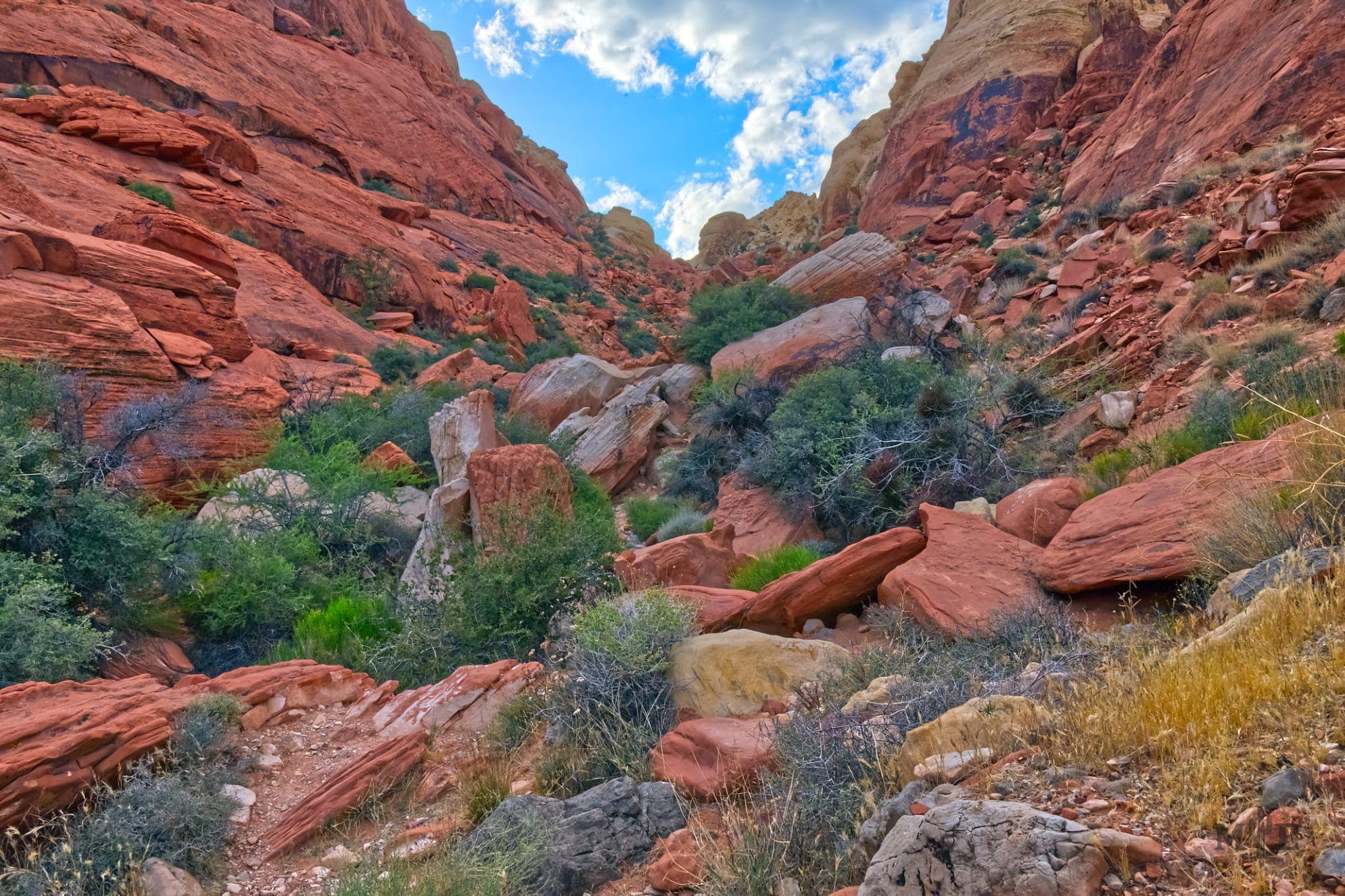 Ash Canyon, boulder ridden canyon in Red Rock Canyon Las Vegas. Blue sky at the very top over a rough wilderness scene.