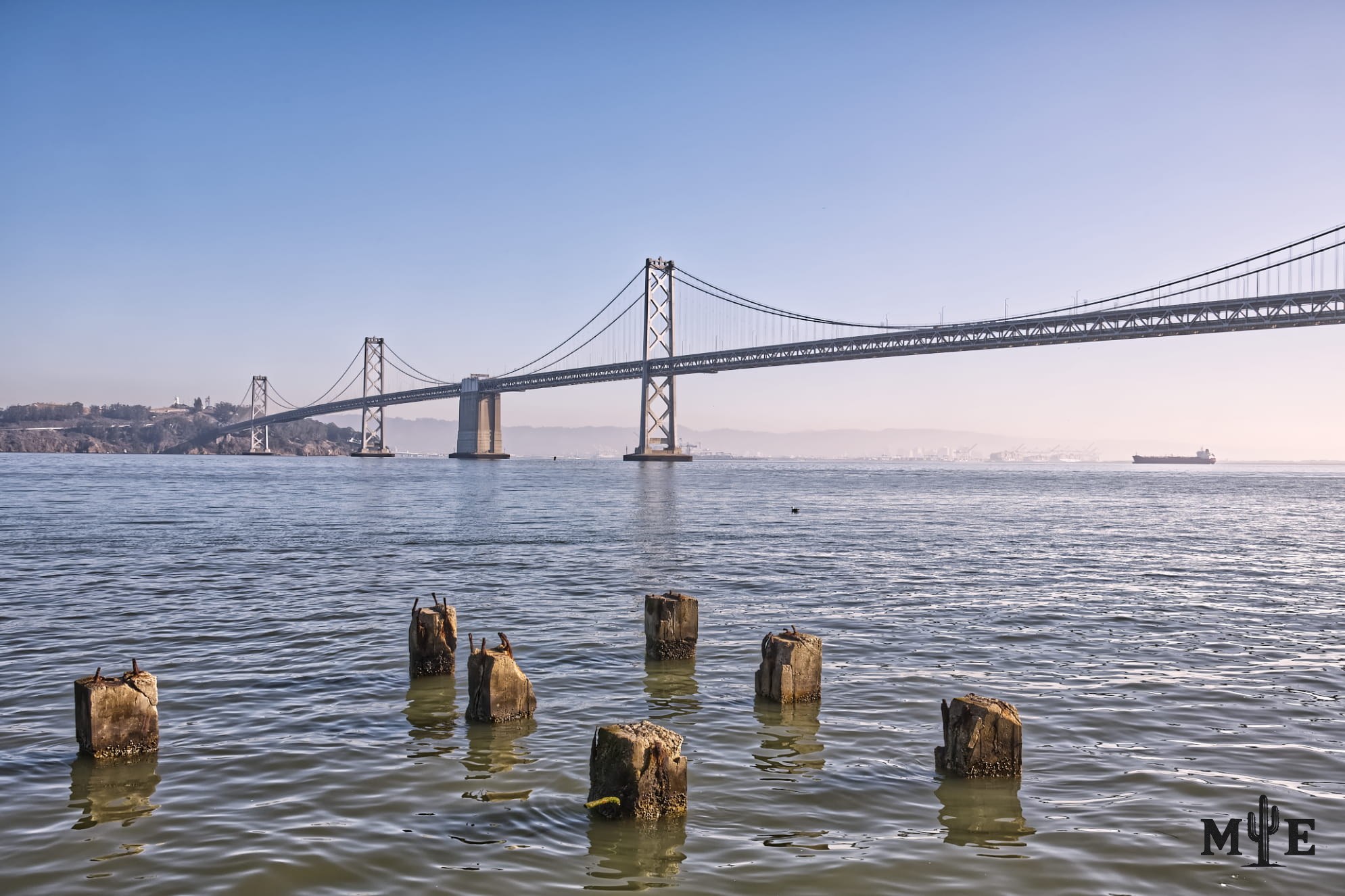 Wide daytime view of the San Francisco–Oakland Bay Bridge, with weathered wooden posts rising from the foreground water.