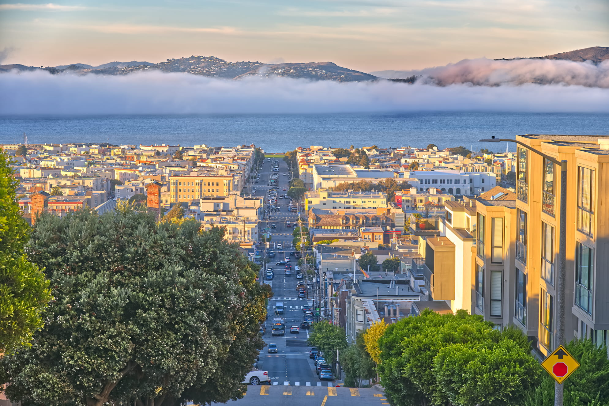 San Francisico Pacific Heights residential street with dense fog encroaching on the city. Striking photo of the SF Bay.