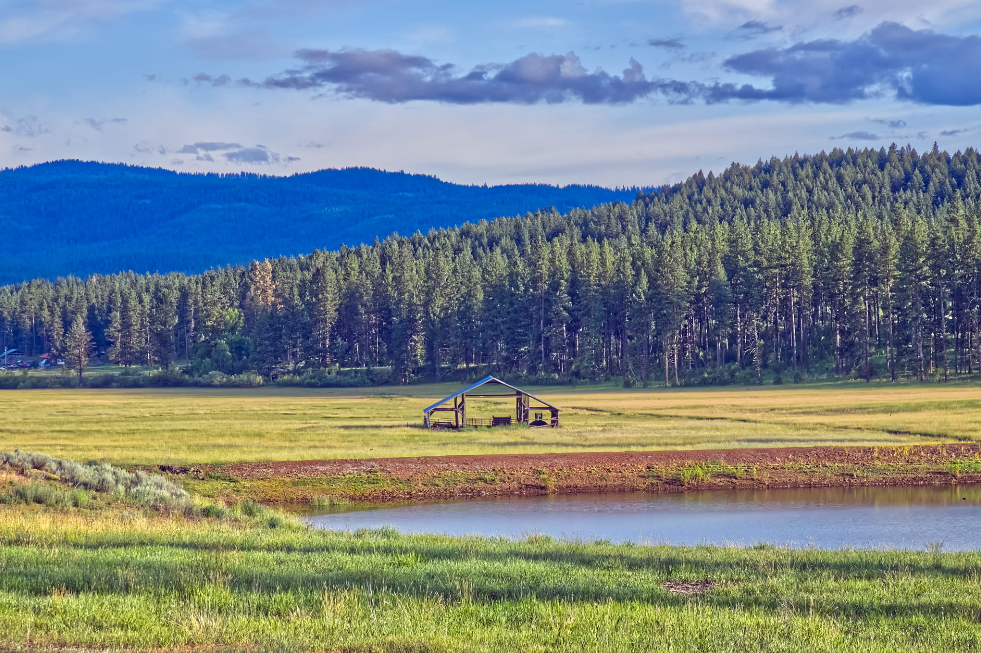 Blue sky and clouds over layered mountains, dense trees, and a spacious valley with an old barn skeleton.