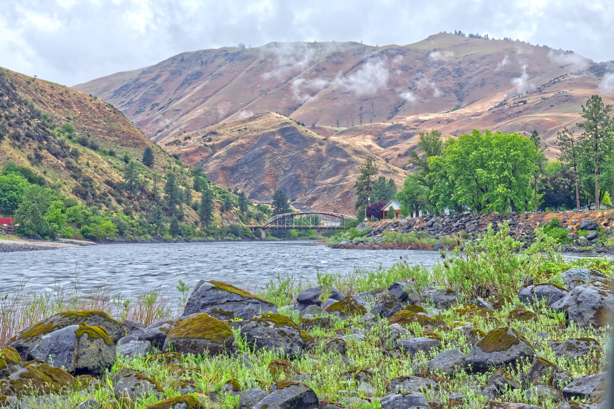 Foggy mountain photograph with lush greenery and a river flowing through the middle of this adventurous scene.