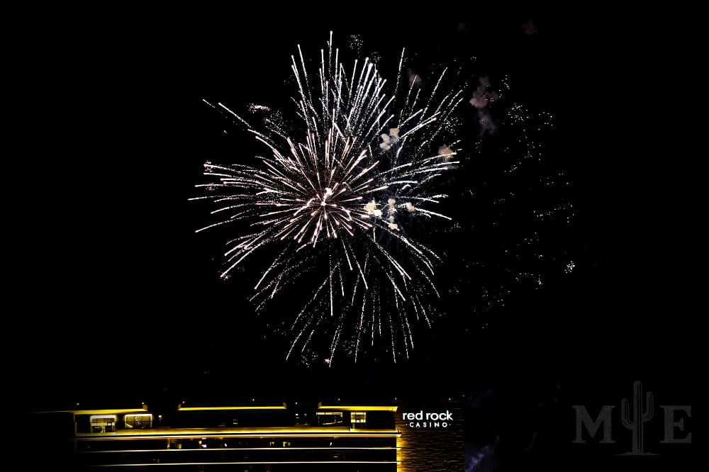 White firework burst over Red Rock Hotel and Casino in Las Vegas's most affluent community—Summerlin.