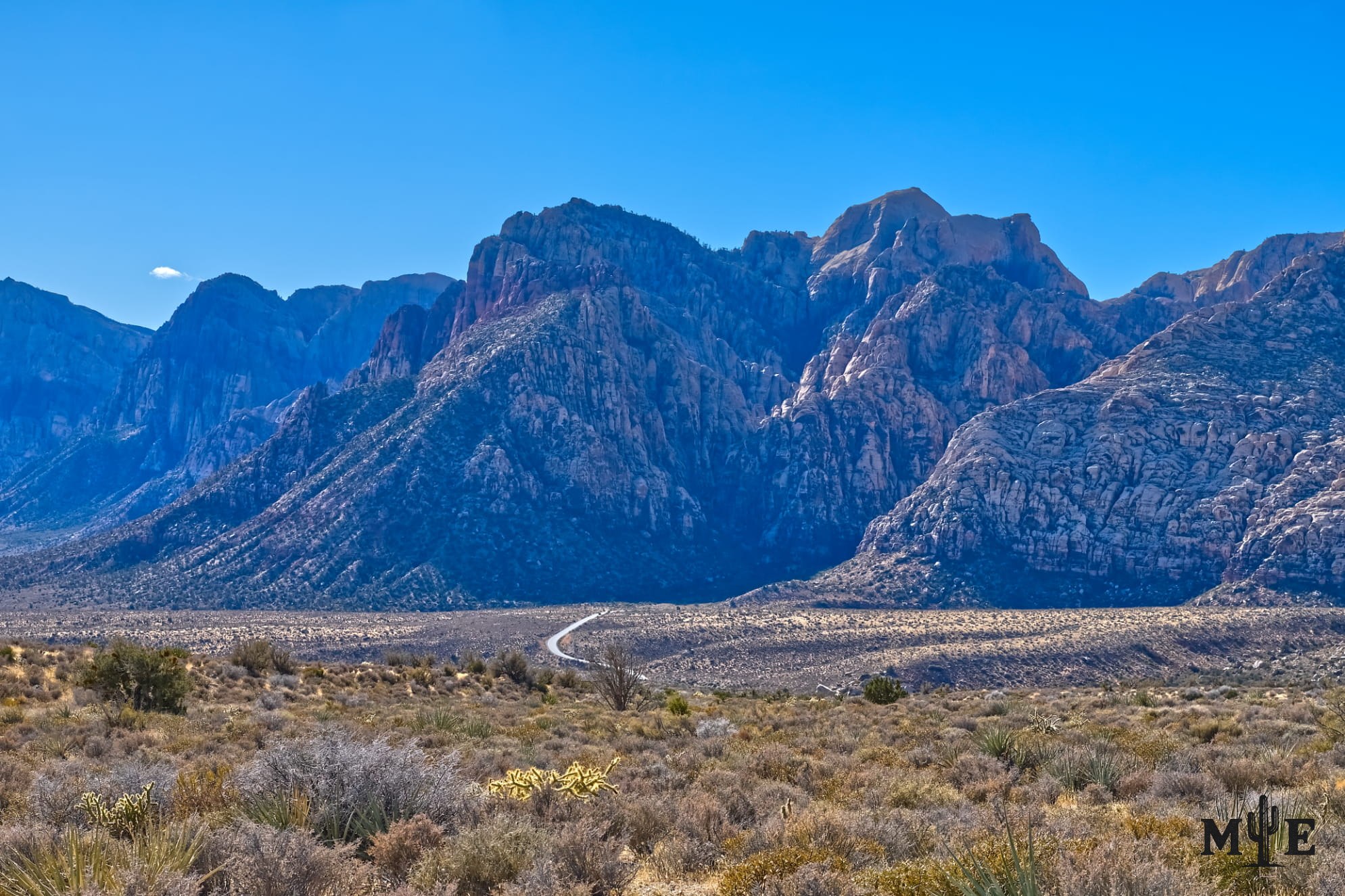 The towering Spring Mountains rising above the desert floor in Red Rock Canyon near Las Vegas.