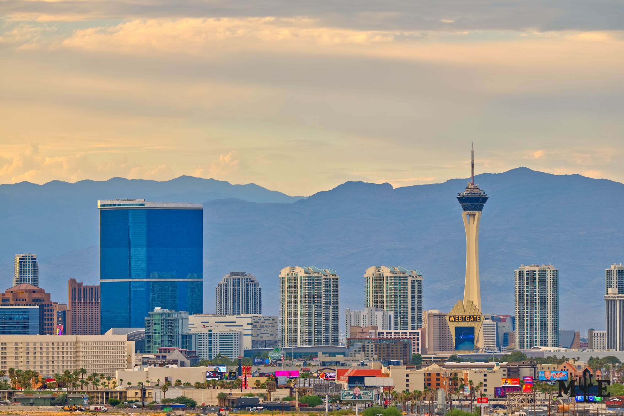 Golden-blue dawn light over the Las Vegas skyline from an unusual southeastern angle.